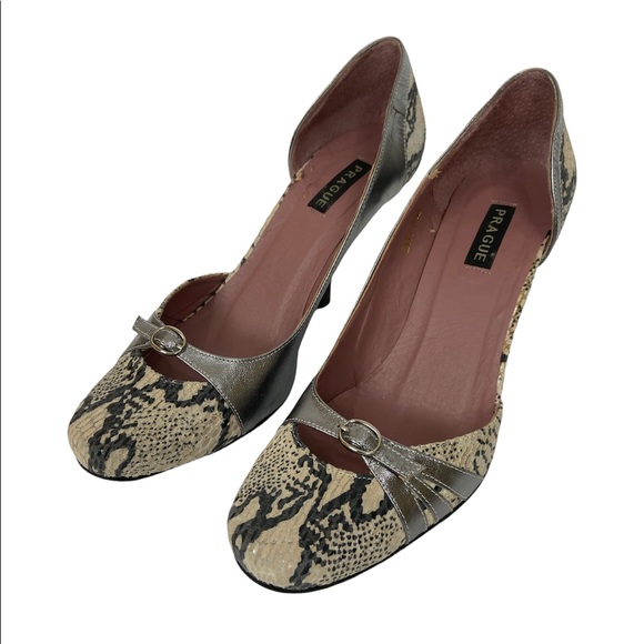 Prague ENVY Leather Snake Print and Metallic Silver D’Orsay Wedge Heels 8.5B - Picture 2 of 12